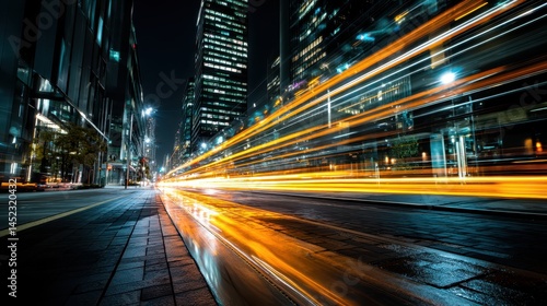 Fototapeta Naklejka Na Ścianę i Meble -  City lights create dynamic streaks in a long-exposure shot, showcasing bustling activity and energy in a modern urban setting at night. The movement reflects the vibrancy of city life