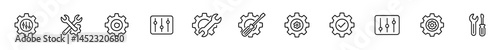  Gears, Settings, Adjustments icons set.  Settings, gear, configuration outline icons
