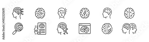 Brain health and neurology icon sets: brain, headache, mri analysis. Vector icons