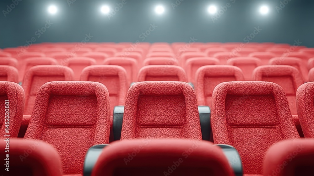 Obraz premium An empty row of red theater seats illuminated by soft lighting, creating a sense of anticipation for the upcoming movie