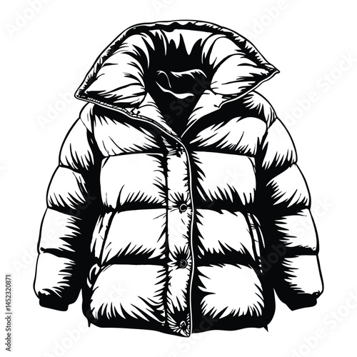 Quilted puffer coat Silhouette, Vector, Icon, Logo, White Background.