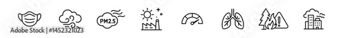 Air pollution icons: mask, cloud, factory, lungs, trees. Vector outline icons