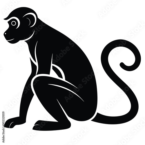 Silhouette vector of a monkey sitting, depicting a chimpanzee primate in black and white