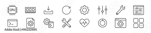 Tool Technical icons set: tools, settings, and processes. Vector outline icons