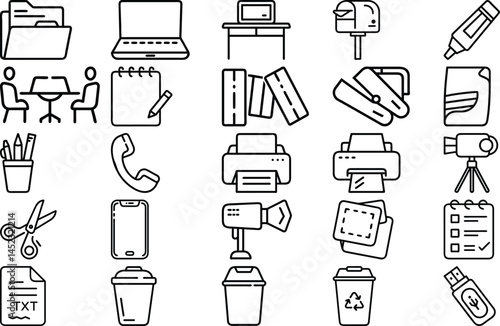 Office Essentials Icons Collection - Editable Vector Icons for Workplace Tools and Technology