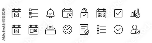 Scheduling, tasks icons set. Calendar, reminder vector outline icons
