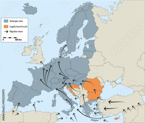 Migration crisis in Europe. Migration waves going through Schengen Area. Data source EUROPOL, 2016. Background for your infographics.