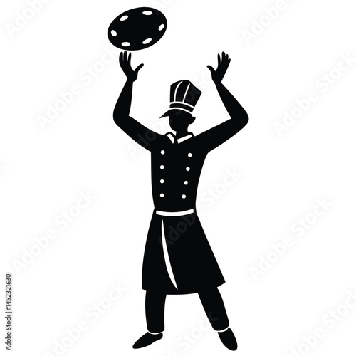 Black Silhouette of a Chef Tossing Pizza Dough in the Air, Culinary Arts Icon