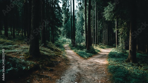 Two distinct paths diverge within a dense forest, inviting exploration. Tall trees surround the trails, with vibrant greenery adorning the forest floor, suggesting a tranquil moment in nature