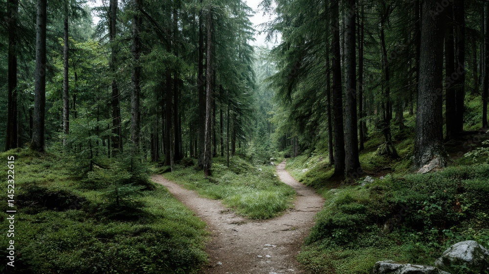 A winding trail forks in a lush forest, surrounded by tall trees and vibrant greenery. The atmosphere is serene and tranquil, offering moments of reflection amidst nature's beauty A winding trail forks in a lush forest, surrounded by tall trees and vibrant greenery. The atmosphere is serene and tranquil, offering moments of reflection amidst nature's beauty