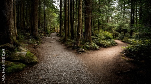 A dense forest offers a choice between two paths, one rugged and gravelly, the other smooth and lightened by sunlight filtering through the trees. The air feels fresh and vibrant