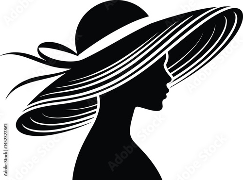 Wide-brimmed sunhat Silhouette, Vector, Icon, Logo, White Background.