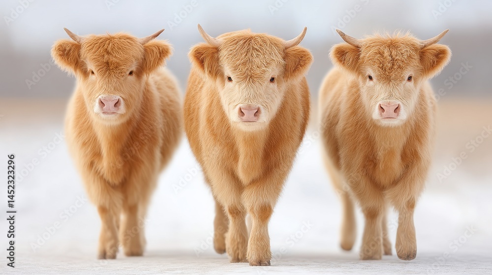 Three charming Highland calves stand together in a snowy landscape, showcasing their fluffy coats and curious expressions. A heartwarming scene of nature's beauty and livestock. Three charming Highland calves stand together in a snowy landscape, showcasing their fluffy coats and curious expressions. A heartwarming scene of nature's beauty and livestock.