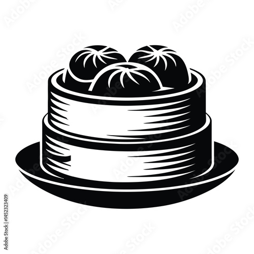 Dim sum bamboo steamer Silhouette, Vector, Icon, Logo, White Background.