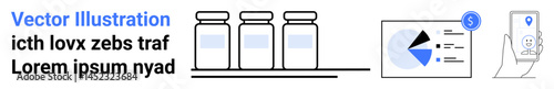 Three medical vials on a surface, analytics dashboard with pie chart and dollar symbol, mobile location tracking with healthcare app. Ideal for medical research, pharmacy, healthcare, logistics, data