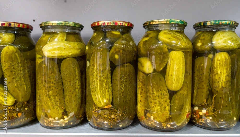 Classic Pickle Display Glass Jars with Herbs and Spices on a White Shelf Classic Pickle Display Glass Jars with Herbs and Spices on a White Shelf