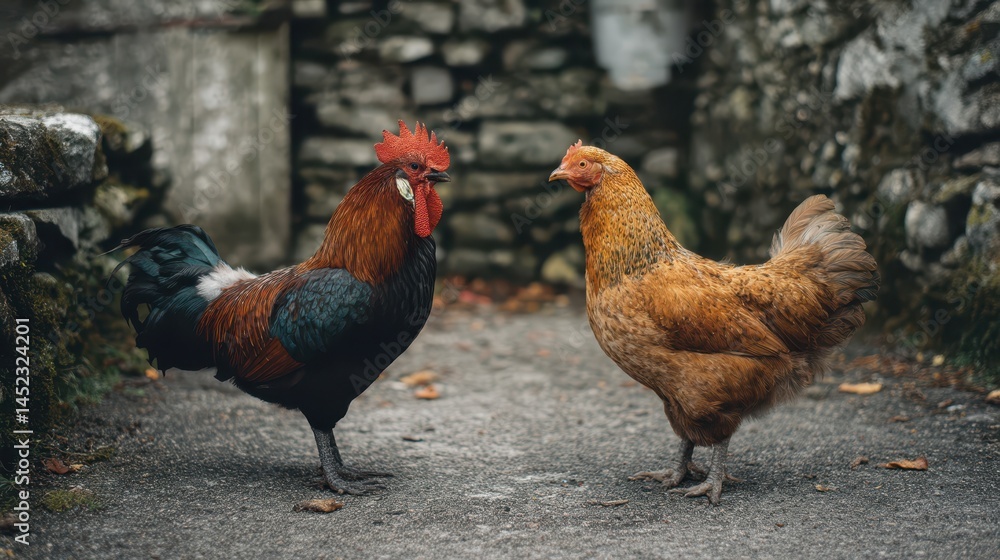 Fototapeta premium In a quaint farmyard during the evening, a colorful rooster engages with a hen, showcasing their natural behaviors in a peaceful rural environment surrounded by stone walls