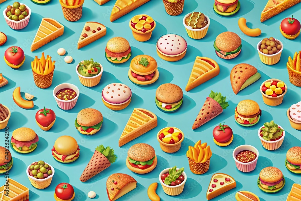 Fototapeta premium Isometric Food Grid: Scalable Pattern of Delicious Dishes & Snacks for Restaurant Menu Design
