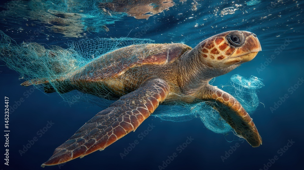 Obraz premium A sea turtle is seen struggling in clear ocean waters, entangled in plastic waste. This poignant moment highlights the urgent issue of marine pollution affecting wildlife