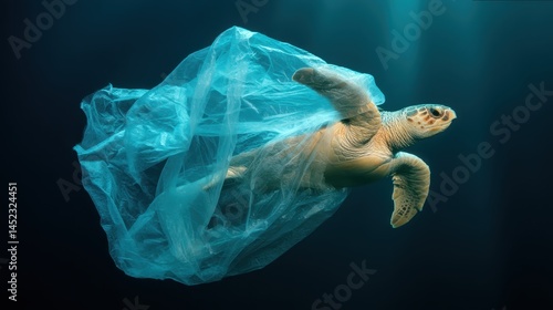 A sea turtle swims with plastic entangling its body, illustrating the dangers marine life faces from pollution in the ocean's depths. This scene captures the urgent need for conservation efforts