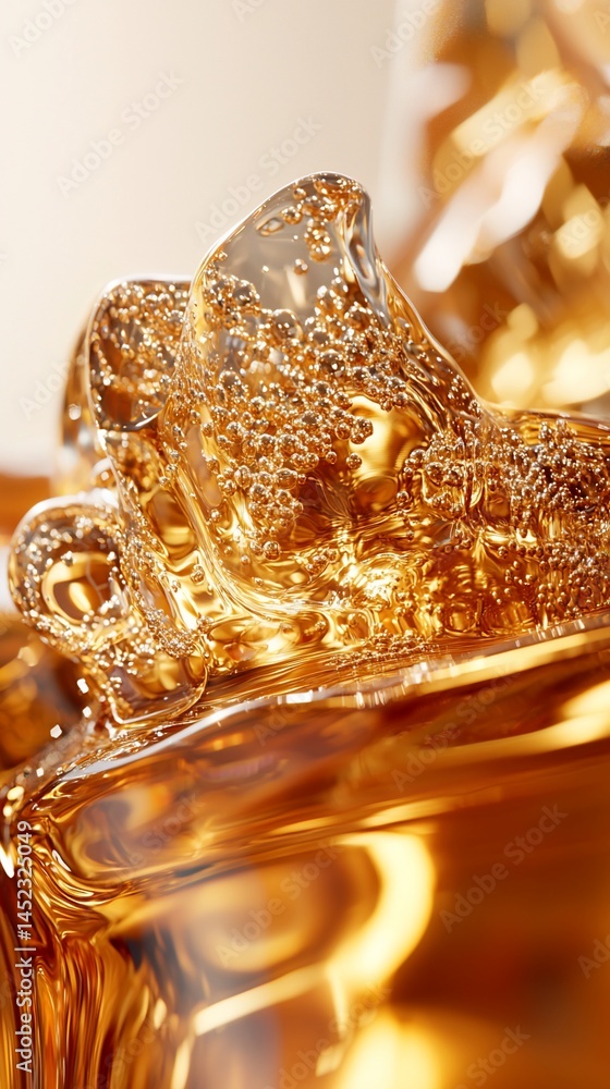 Fototapeta premium Golden amber liquid, close-up, textured surface