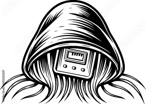 SVG showing cyber threats impacting energy security. Mysterious Hooded Figure with Meter Symbolizing Energy Threats