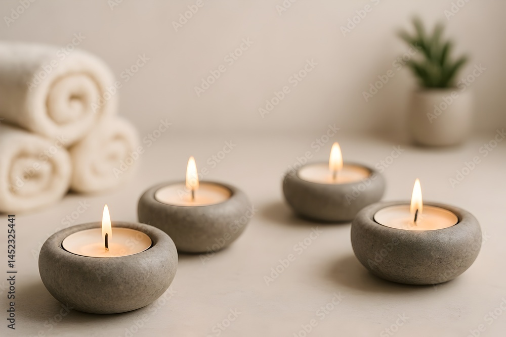 Elegant spa setting showing tea light candles in stone holders Elegant spa setting showing tea light candles in stone holders