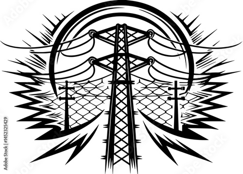 SVG showing cyber threats impacting energy security. Energy Threats Symbol with Power Lines and Lightning Graphics