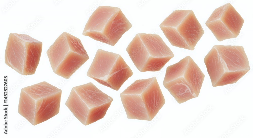 Arrangement of Cubed Ham Pieces on Clean White Background for Food Themed Decoration and Culinary Projects Arrangement of Cubed Ham Pieces on Clean White Background for Food Themed Decoration and Culinary Projects