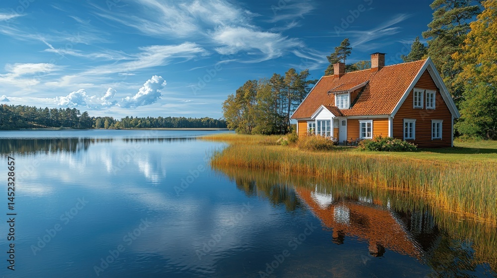 Fototapeta premium Peaceful lakeside home under a beautiful sky