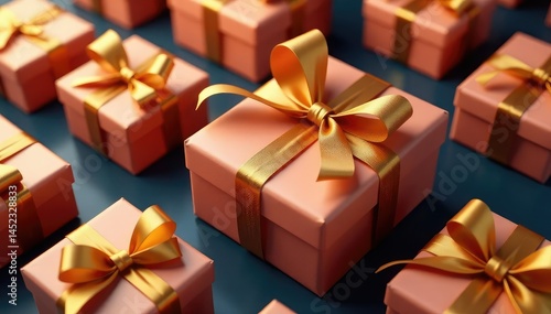 Elegant gold ribbon tied gift boxes, repeating pattern, gift box, festive
