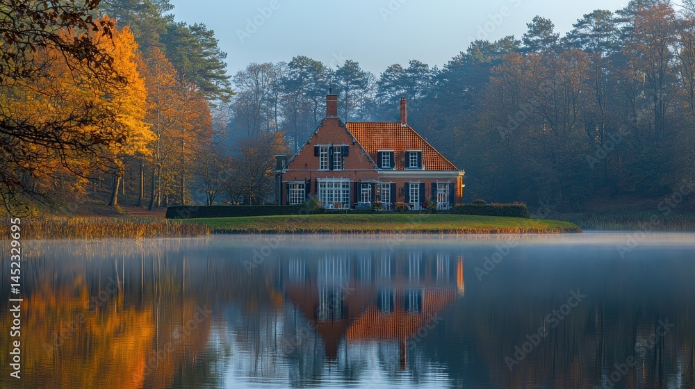 Fototapeta premium Picturesque autumn home by a tranquil lake. 