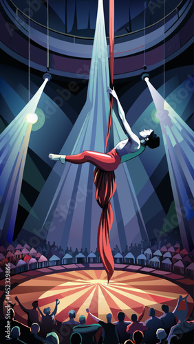 A woman is performing a trapeze act in front of a crowd. The audience is watching her intently, and the atmosphere is lively and exciting