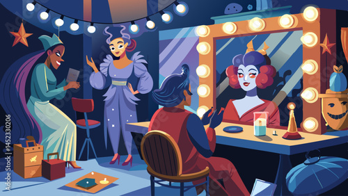 A group of people are sitting at a table with a woman in front of a mirror. The woman is getting her face painted. Scene is lighthearted and fun