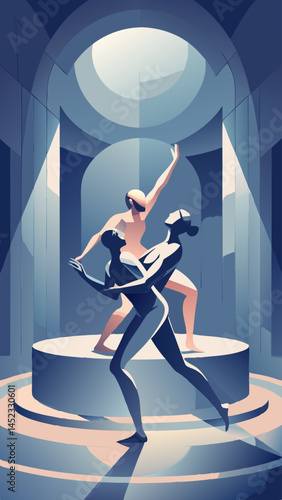 A man and woman are dancing on a stage. The man is wearing a red shirt and the woman is wearing a red dress. The scene is set in a dark room with a spotlight on the dancers