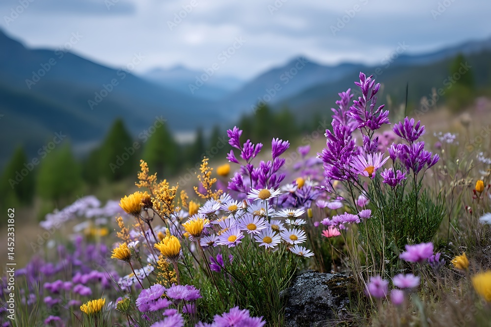 Obraz premium Vibrant wildflowers blooming along a quiet meadow, with soft morning light highlighting the richness of nature and its ecosystems.