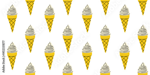 Fun ice cream cone pattern design in bright yellow and white background
