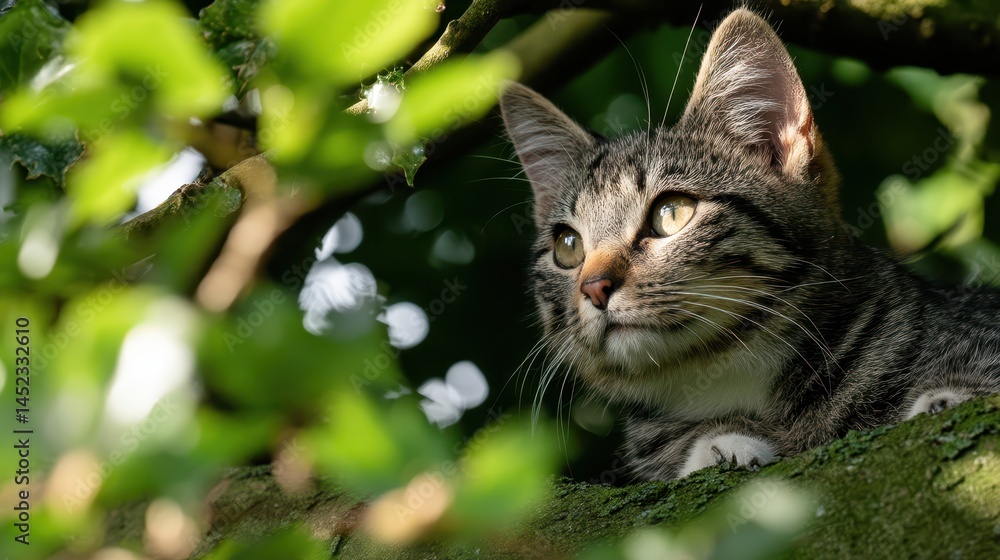 Fototapeta premium A tabby cat lounges on a sturdy tree branch, basking in dappled sunlight. Surrounded by green foliage, it observes its surroundings, alert and peaceful
