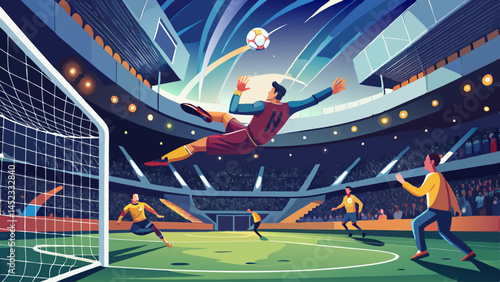 A soccer game is being played in a stadium with a crowd watching. A player is about to kick the ball, and another player is jumping to block it