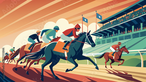A horse race is taking place with several jockeys riding their horses. One of the jockeys is wearing a red helmet and is in the middle of the race. The other jockeys are also racing