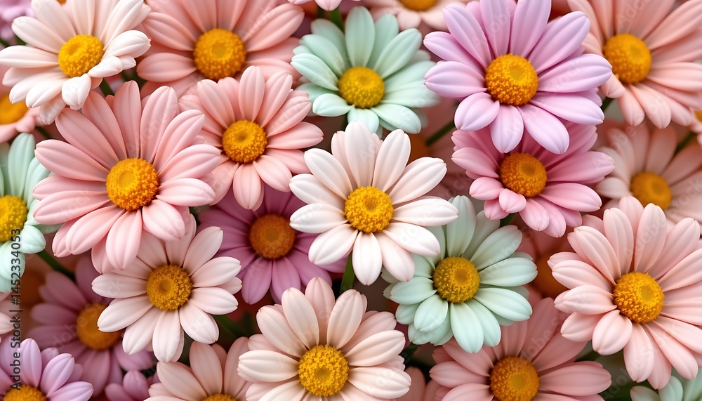 a squishy, 3d rendered illustration of daisy flowers in soft pastel colors like blush pink, lavender, and mint green a squishy, 3d rendered illustration of daisy flowers in soft pastel colors like blush pink, lavender, and mint green