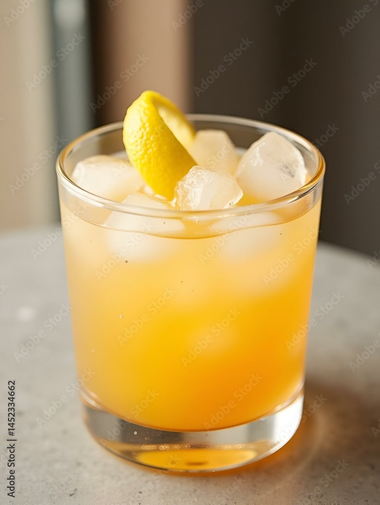 A whiskey sour with a spiced rum twist, topped with a lemon wedge and served over ice. A whiskey sour with a spiced rum twist, topped with a lemon wedge and served over ice.