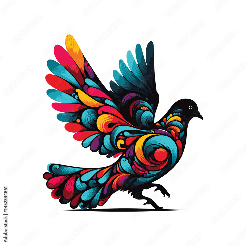 Obraz premium Silhouette of a colorful dove on a white background.