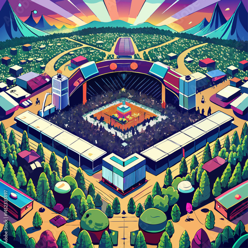 A colorful cityscape with a large stadium in the center. The stadium is surrounded by a green field and a large crowd of people