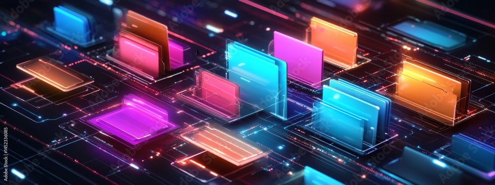 Fototapeta premium Futuristic digital document management interface with abstract network grid and organized file system 