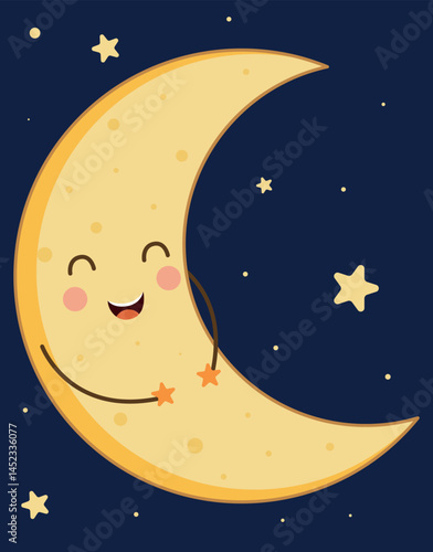 Cute Smiling Moon Hugging Two Stars