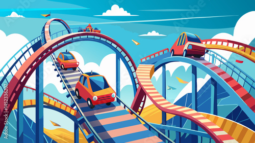 A colorful roller coaster with people riding it. The roller coaster is going down a track and has a lot of twists and turns