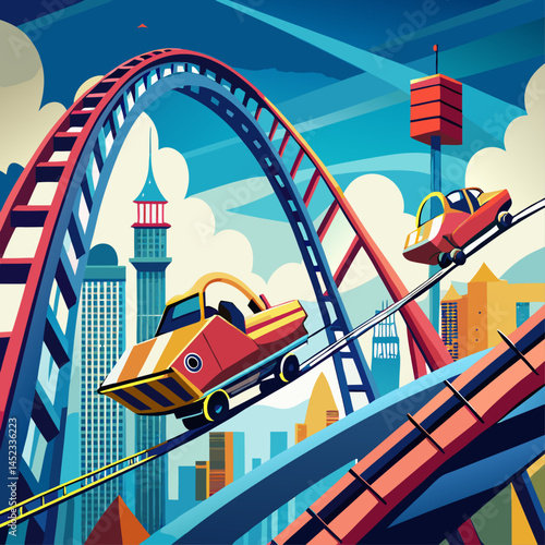 A colorful roller coaster with people riding it. The roller coaster is going down a track and has a lot of twists and turns