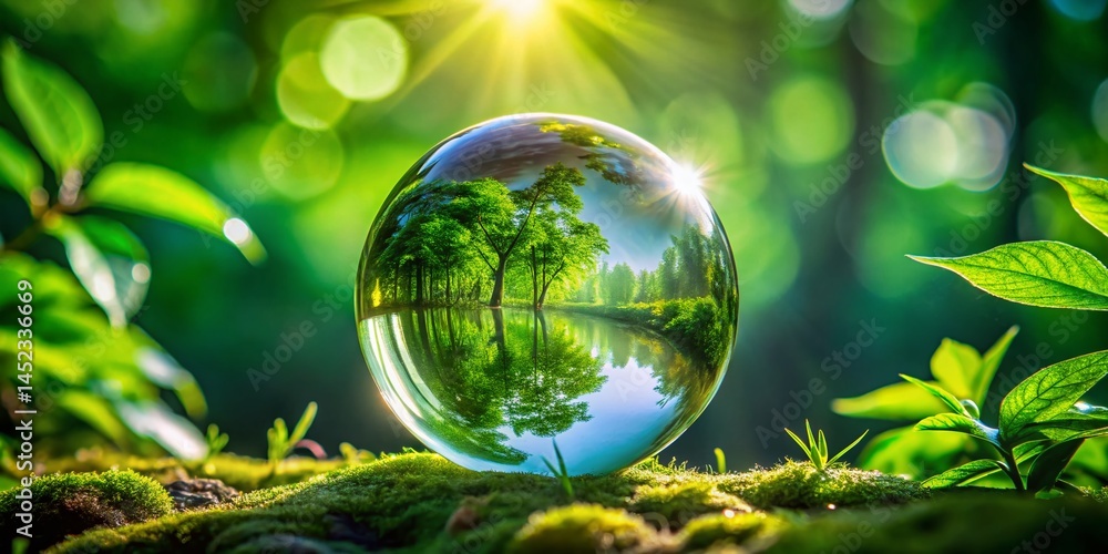 Macro Photography: Glass Sphere Hovering Over Lush Green Plant Macro Photography: Glass Sphere Hovering Over Lush Green Plant