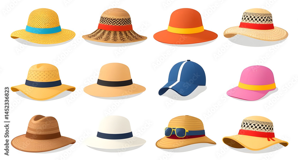 set of hats isolated ,set of hats , collection of hats ,cowboy hats, diffrent types of hates model vector illustration set of hats isolated ,set of hats , collection of hats ,cowboy hats, diffrent types of hates model vector illustration